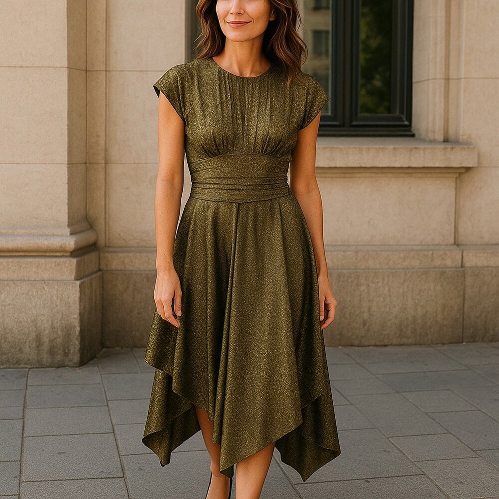 Vintage Morton Myles I. MAGNIN 80s Olive Green Gold Metallic Layered Dress Sz-XS
